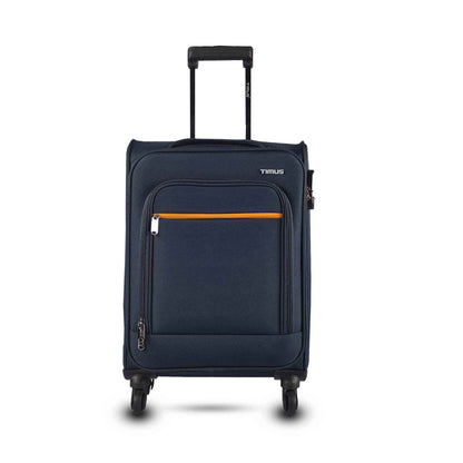 Front angled view of Timus Nexon blue soft trolley luggage featuring telescopic handle, spinner wheels, and modern design.