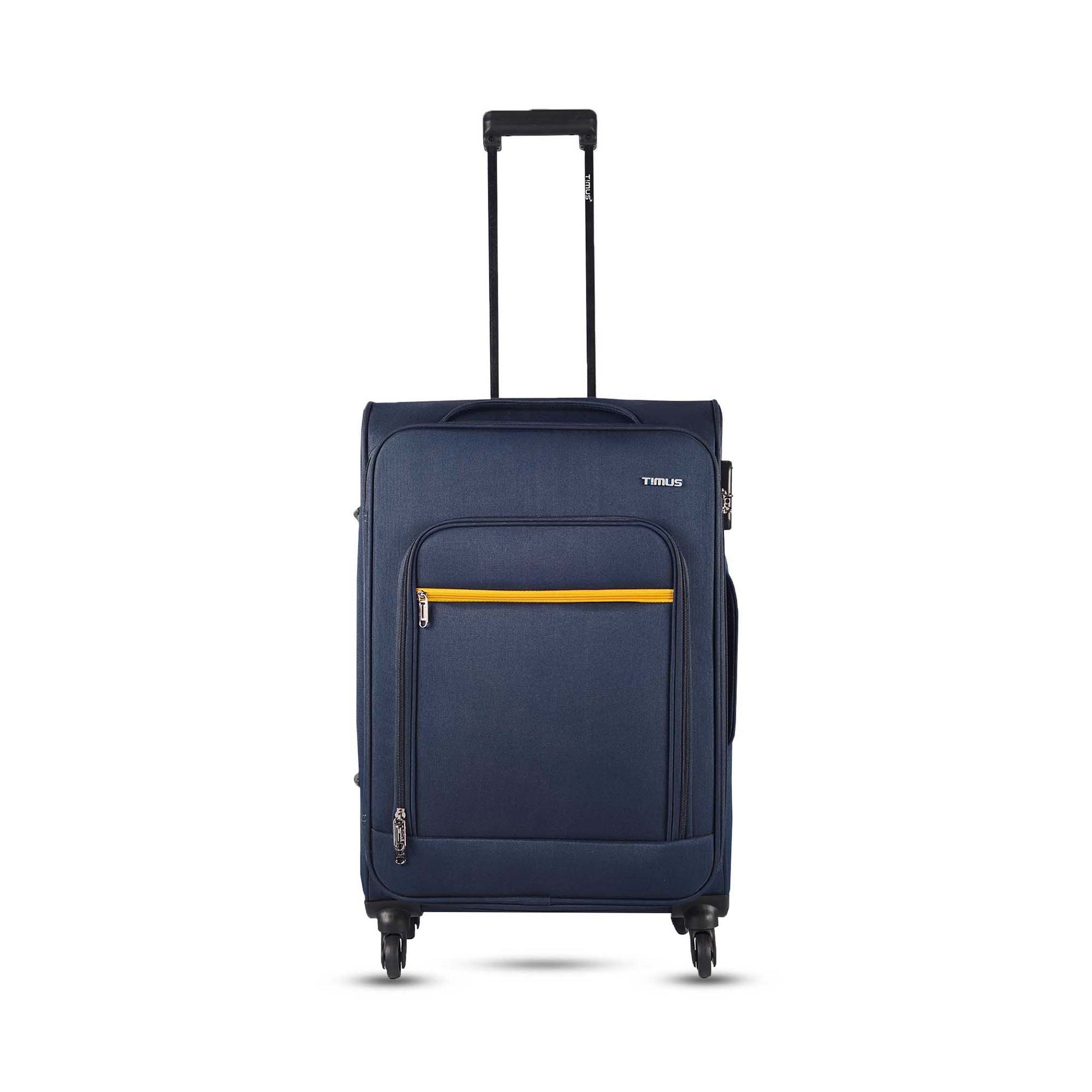 Front angled view of Timus Nexon blue soft trolley luggage (68cm) featuring a telescopic handle, smooth 360° spinner wheels, and durable water-resistant fabric.