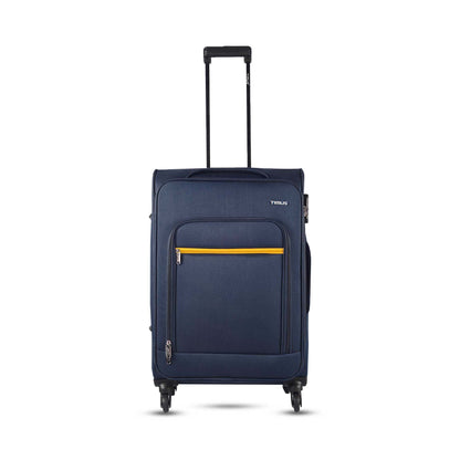 Front angled view of Timus Nexon blue soft trolley luggage (68cm) featuring a telescopic handle, smooth 360° spinner wheels, and durable water-resistant fabric.