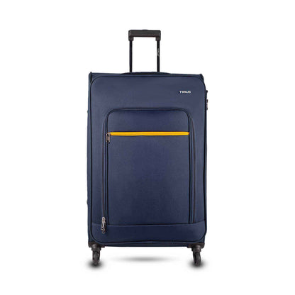 Front angled view of Timus Nexon blue soft trolley luggage (78cm) with adjustable aluminium handle, dual spinner wheels, and sleek textured finish