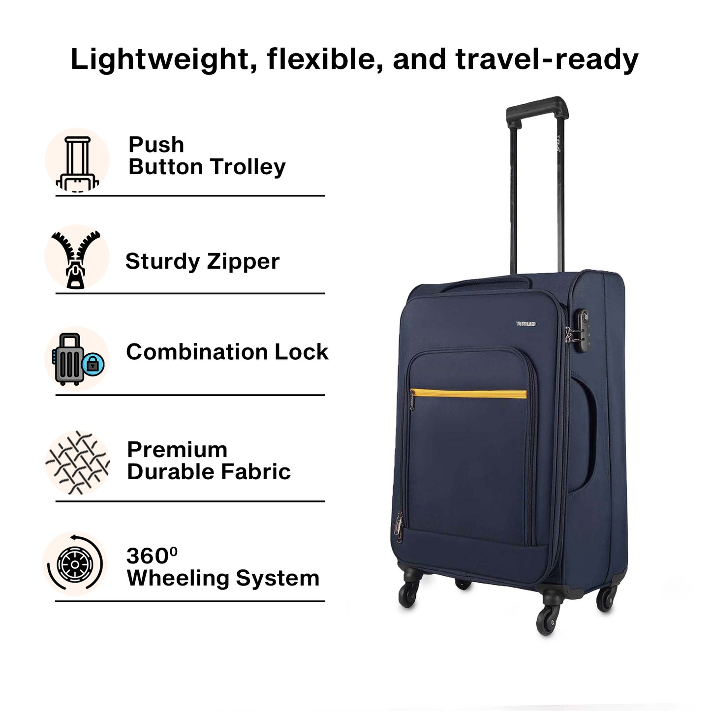 Creative banner of Timus Nexon blue soft luggage showcasing its feather-light flexibility, ideal for modern, on-the-go traveller