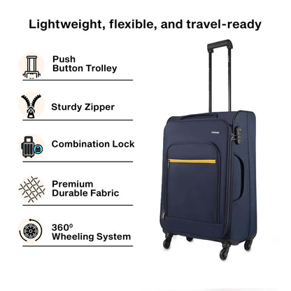 Creative banner of Timus Nexon blue soft luggage showcasing its feather-light flexibility, ideal for modern, on-the-go travellers.