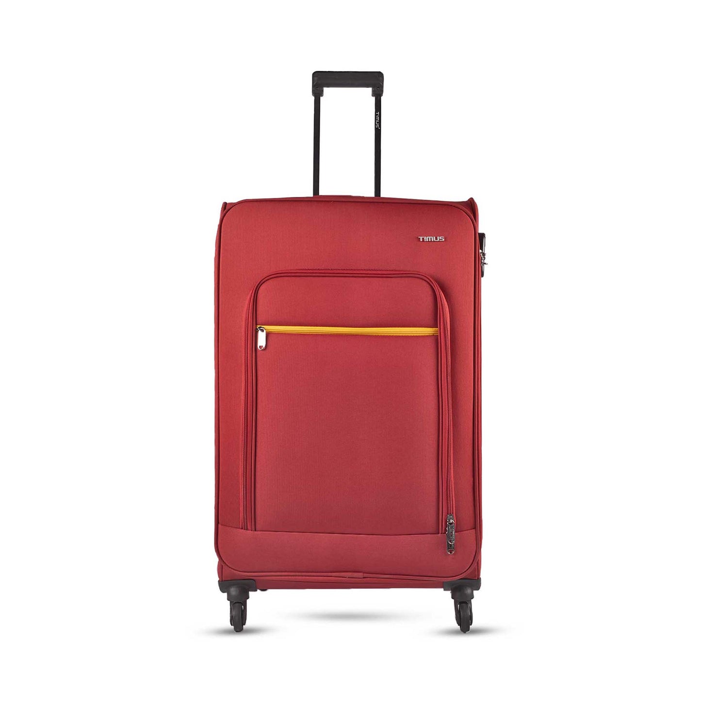 Front angled view of Timus Nexon red 78 cm soft trolley luggage with smooth spinner wheels, push-button handle, and sleek travel-ready design.