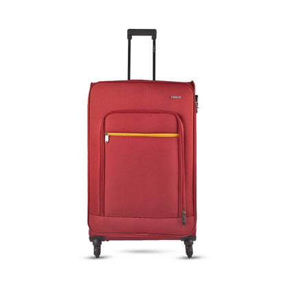 Front angled view of Timus Nexon red 78 cm soft trolley luggage with smooth spinner wheels, push-button handle, and sleek travel-ready design.