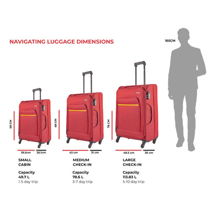 Dimensional graphic of Timus Nexon red luggage displaying available sizes — 58cm, 68cm, and 78cm.