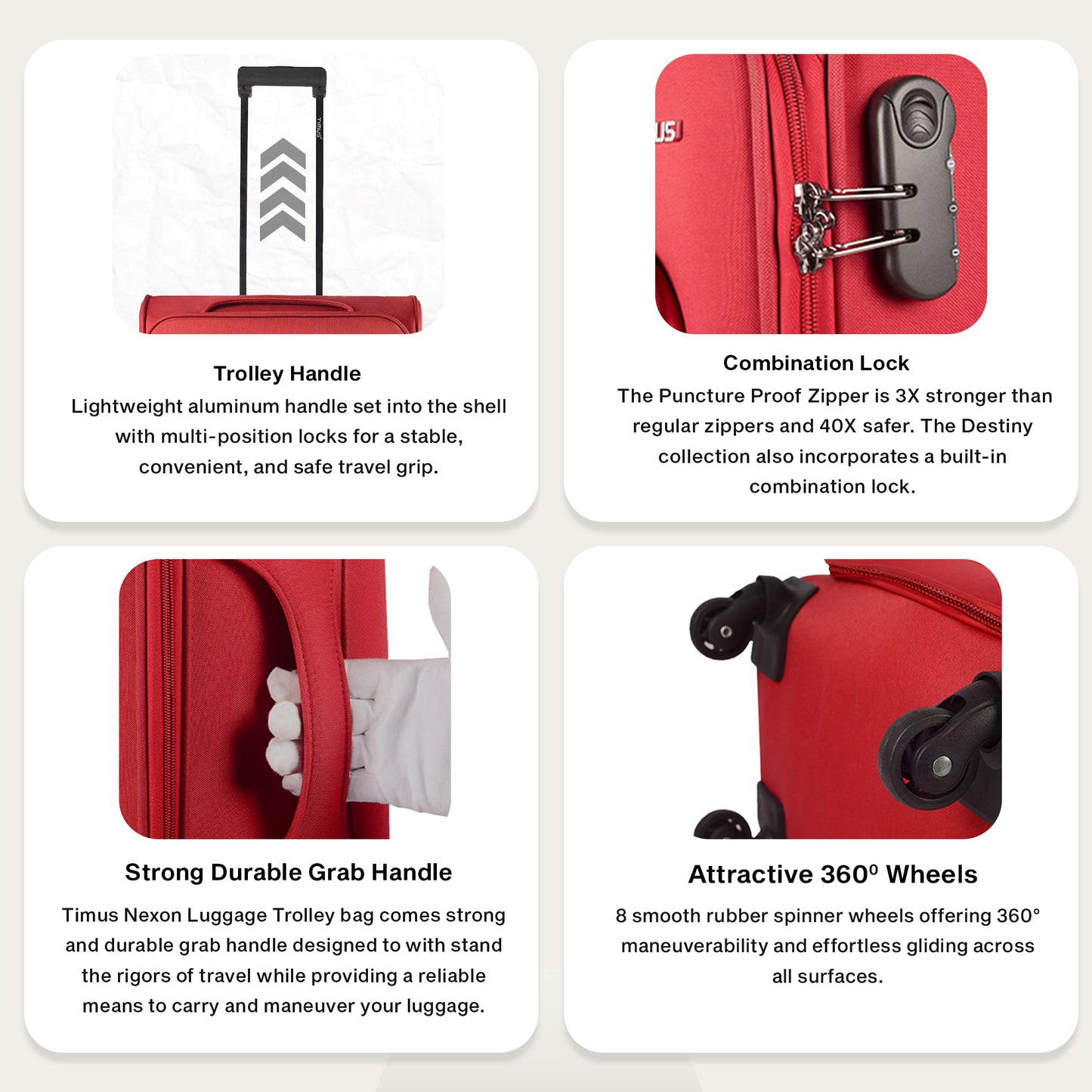 Feature collage of Timus Nexon red luggage highlighting 360° wheels, number lock, telescopic handle, and organized interior.