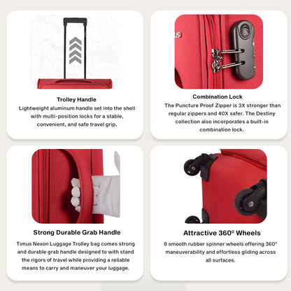 Feature collage of Timus Nexon red luggage highlighting 360° wheels, number lock, telescopic handle, and organized interior.