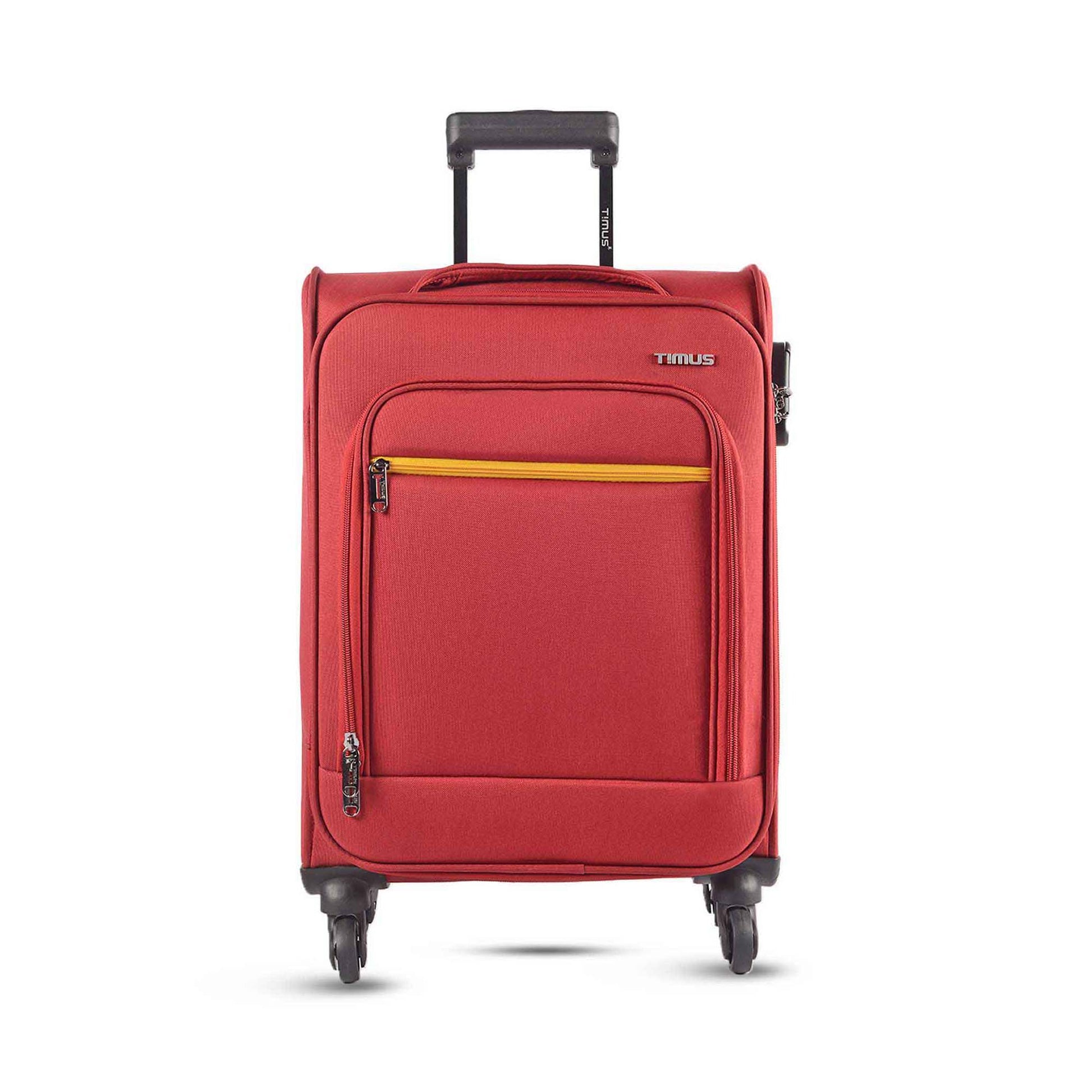 Front angled view of Timus Nexon red soft trolley luggage with smooth spinner wheels, push-button handle, and sleek travel-ready design.
