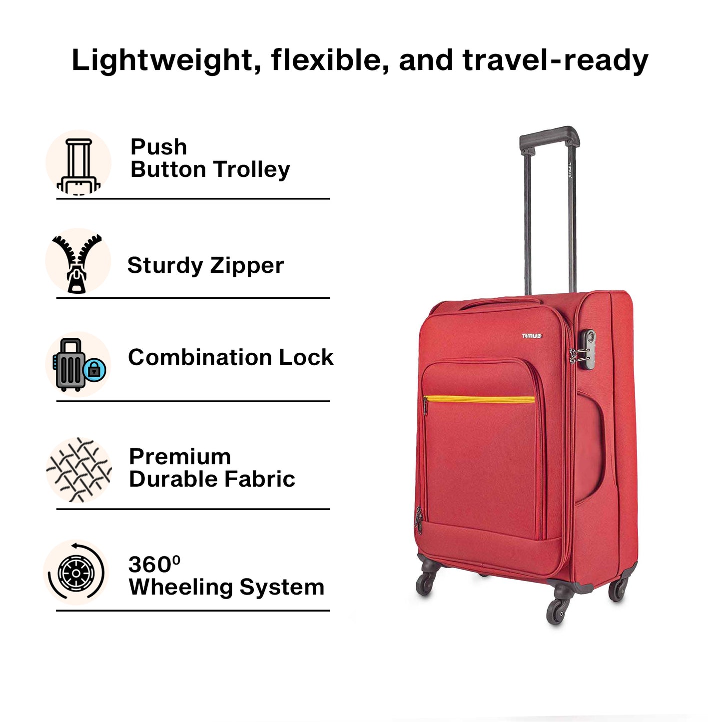 Creative image of Timus Nexon red luggage highlighting its lightweight and flexible build designed for comfortable, stress-free journeys.