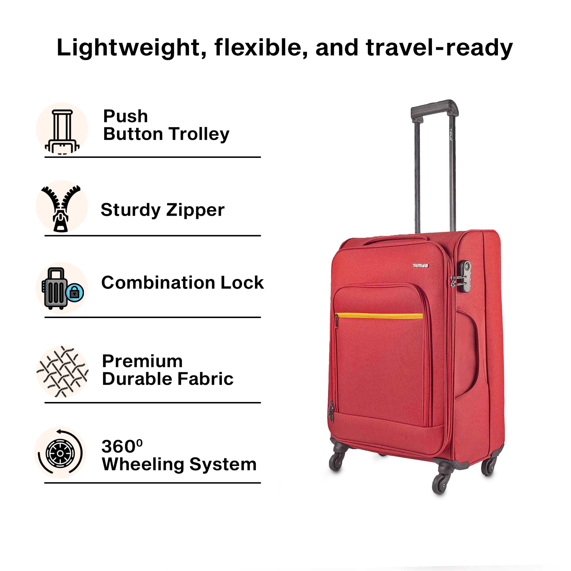 Creative image of Timus Nexon red luggage highlighting its lightweight and flexible build designed for comfortable, stress-free journeys.