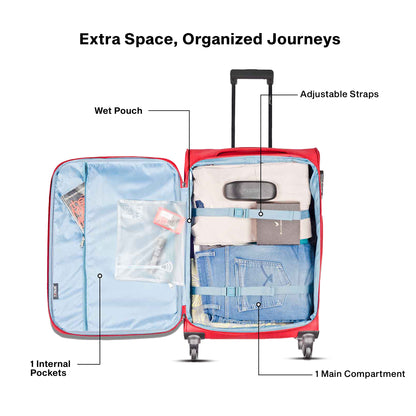 Open view of Timus Nexon red travel bag revealing dual spacious compartments with cross straps and zippered pockets for better organization.