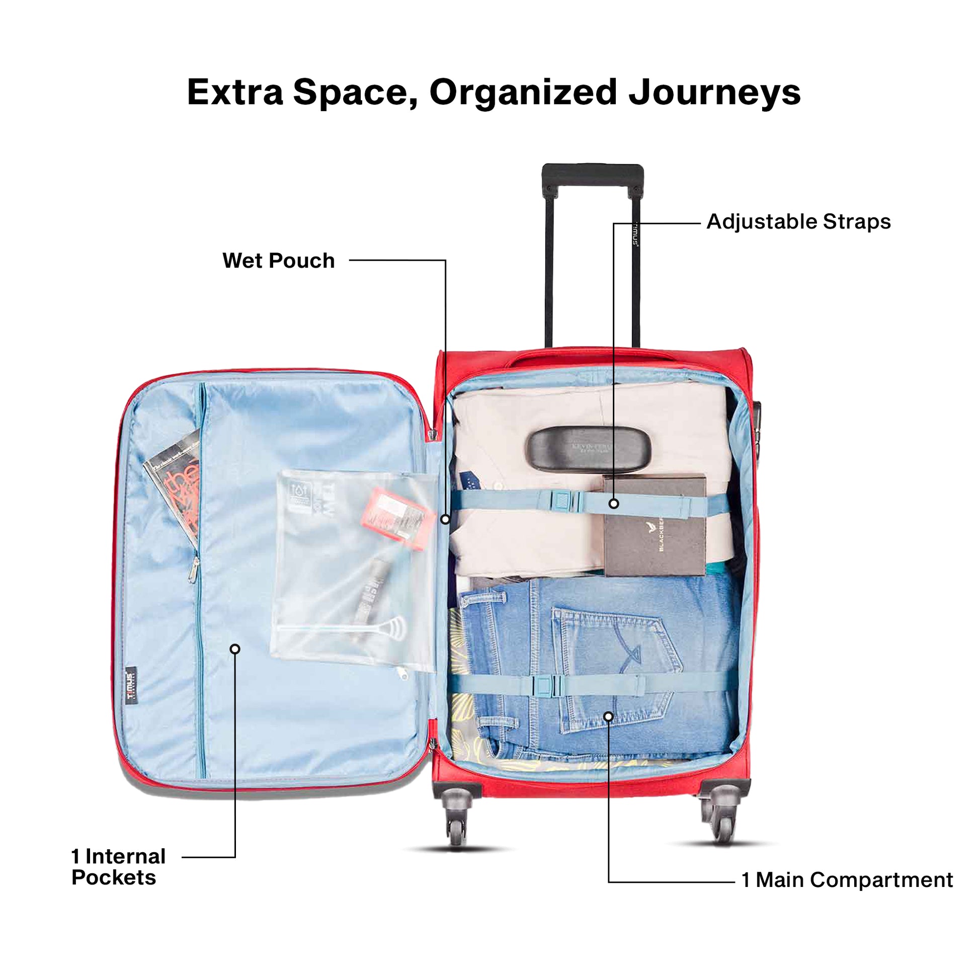 Open view of Timus Nexon red travel bag revealing dual spacious compartments with cross straps and zippered pockets for better organization.