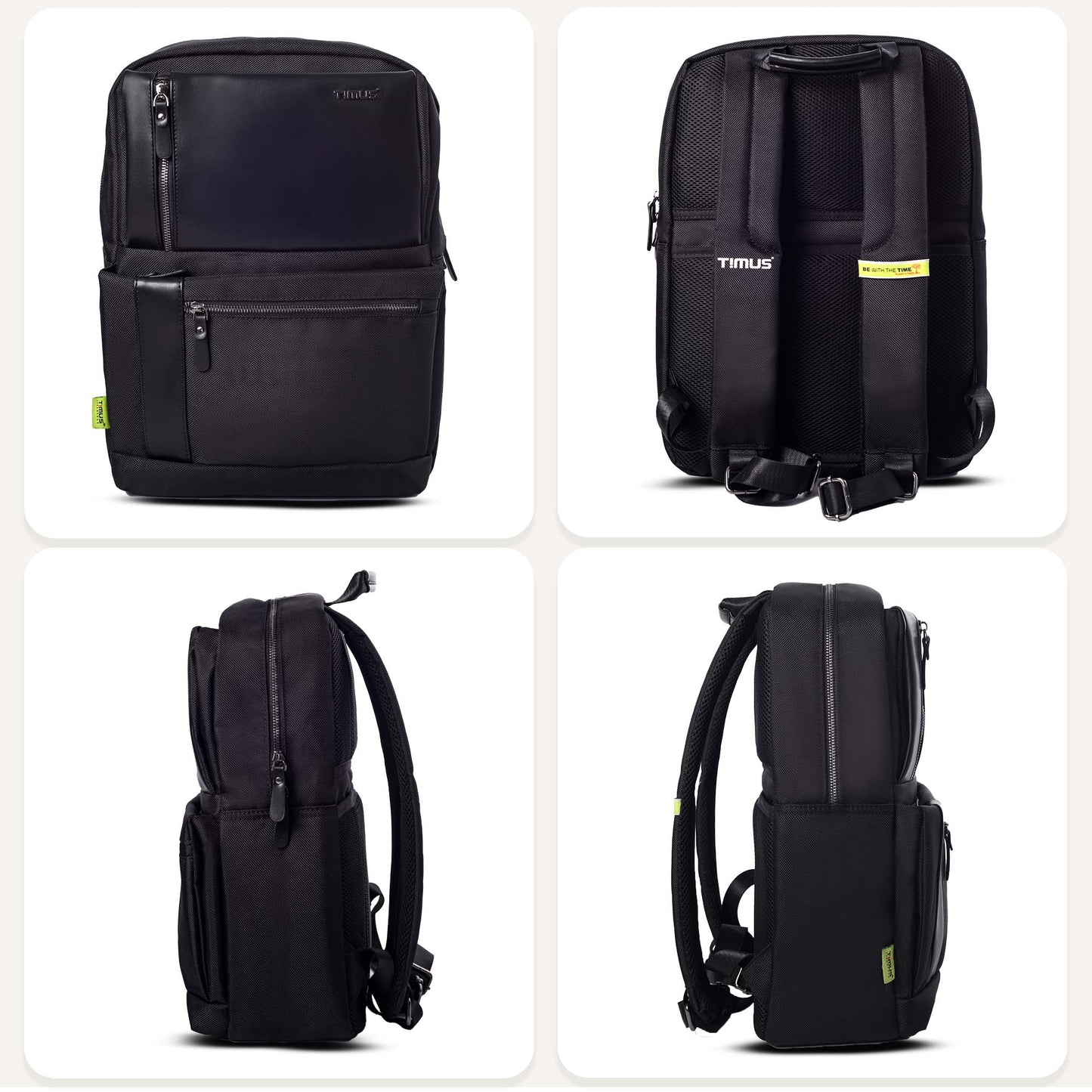 All-side view of Timus Oslo black laptop backpack showing compact structure, smooth texture, and sleek finish.