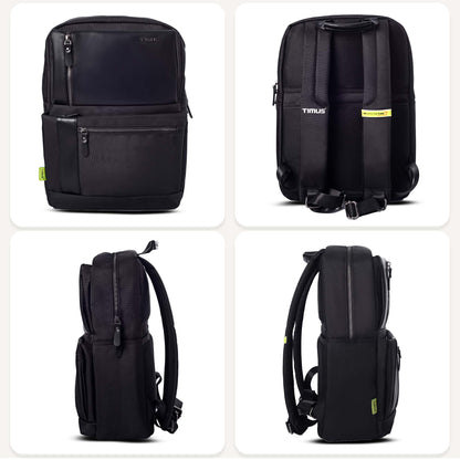 All-side view of Timus Oslo black laptop backpack showing compact structure, smooth texture, and sleek finish.