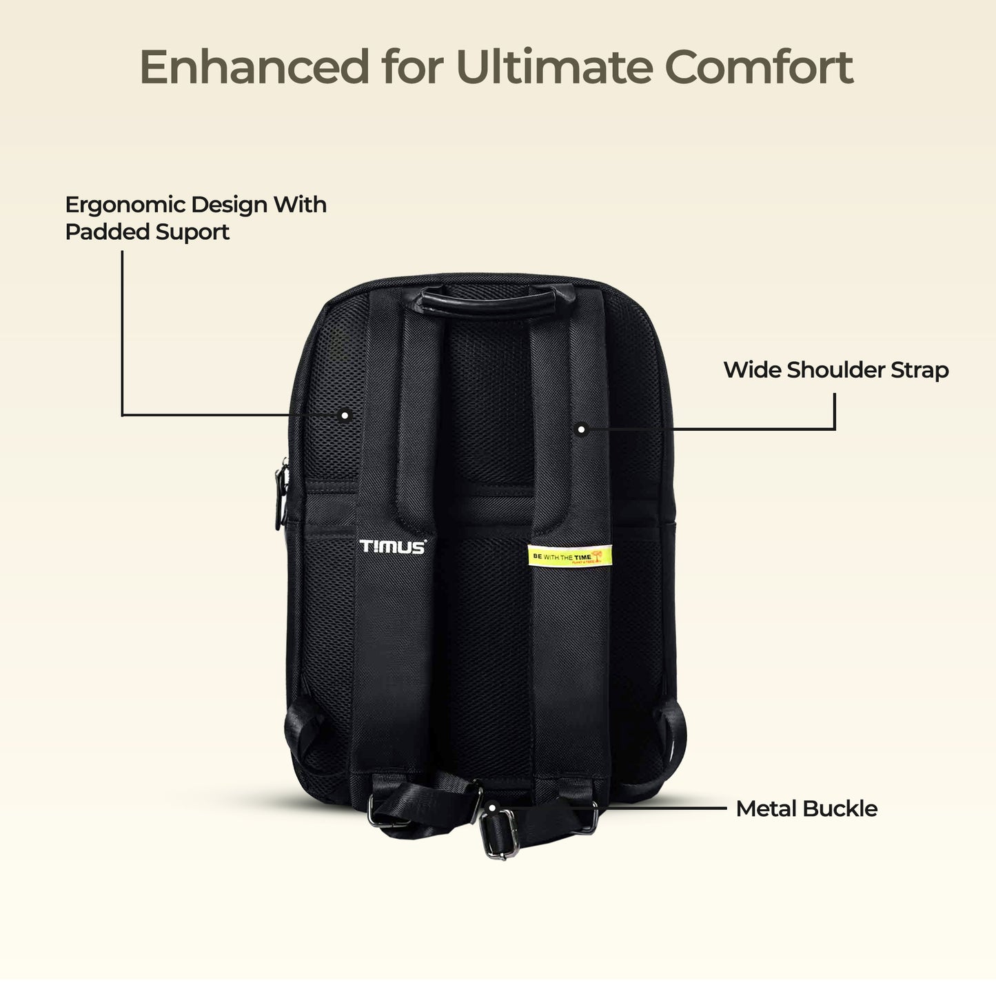 Back view of Timus Oslo black laptop backpack highlighting padded straps, ergonomic support, and breathable mesh panel.