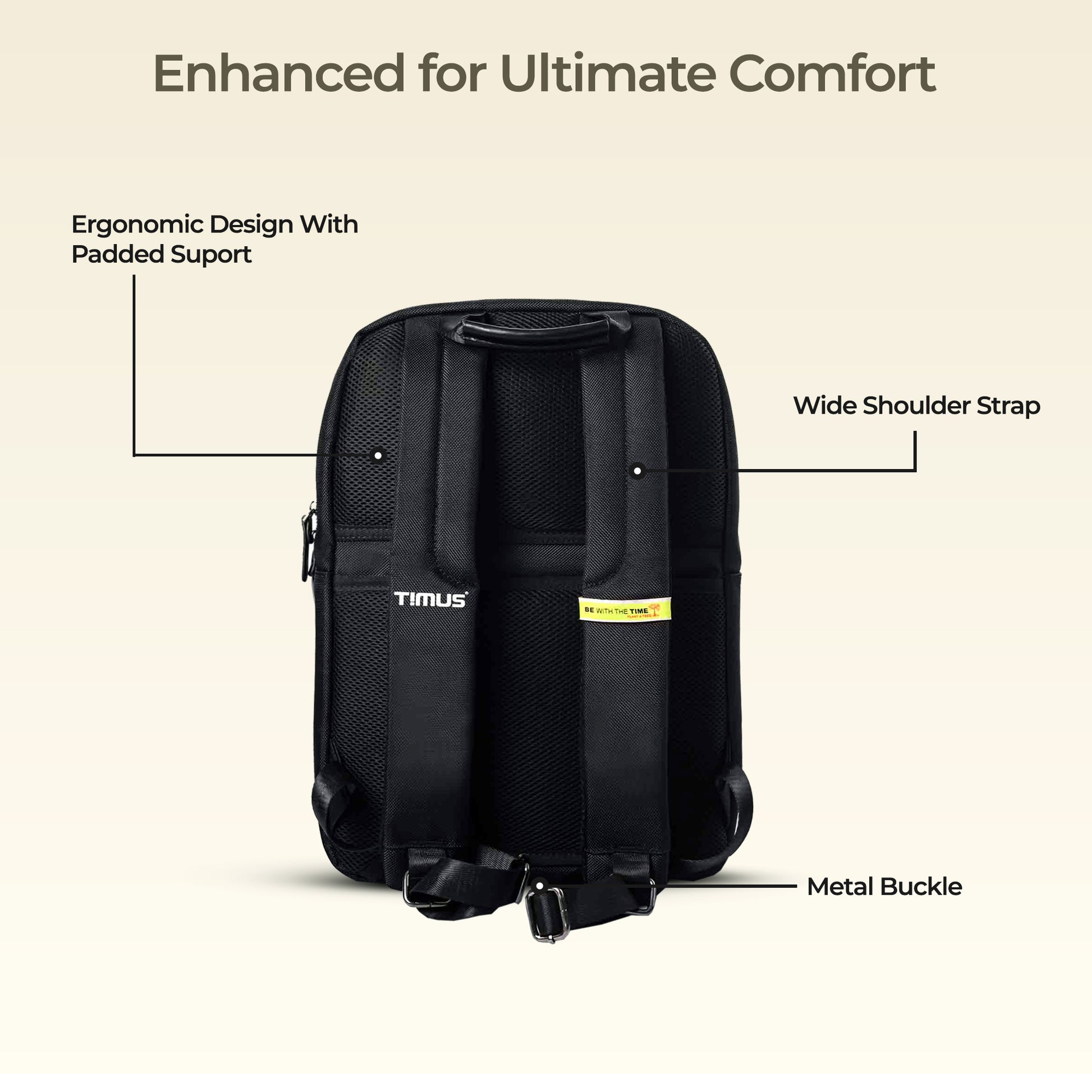 Back view of Timus Oslo black laptop backpack highlighting padded straps, ergonomic support, and breathable mesh panel.