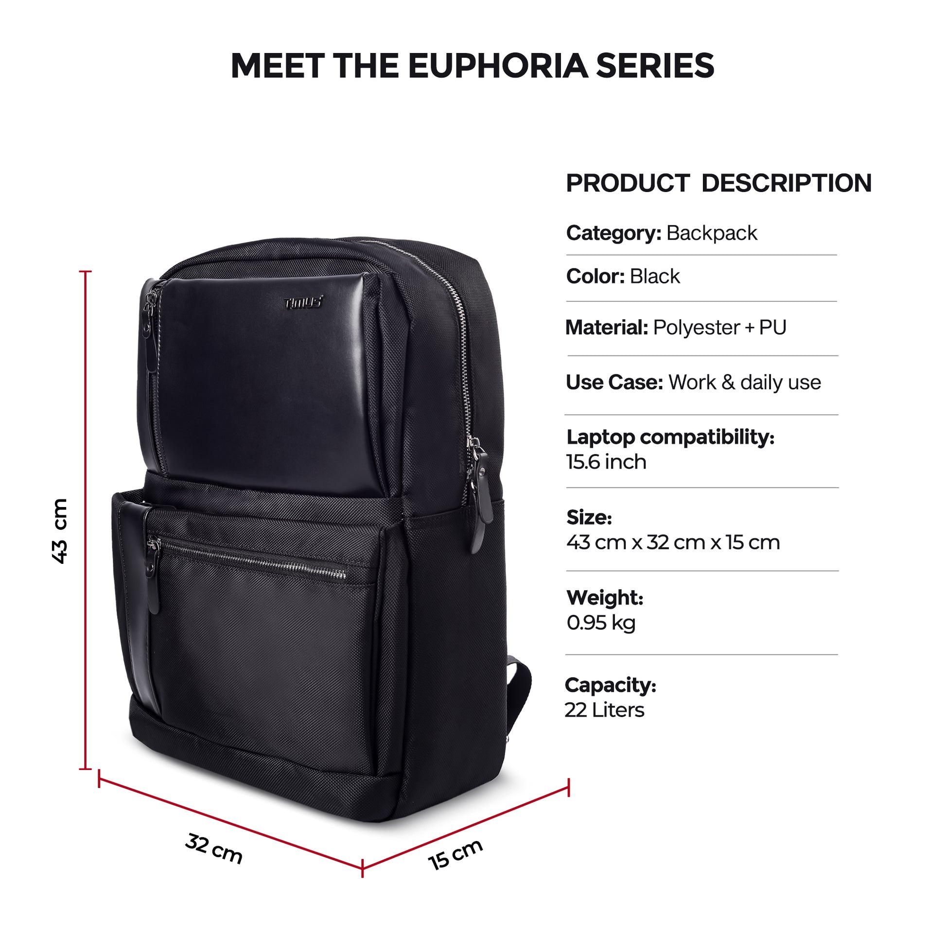 Dimension view of Timus Oslo black laptop backpack displaying height, width, and depth for size reference.