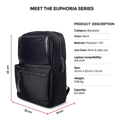 Dimension view of Timus Oslo black laptop backpack displaying height, width, and depth for size reference.