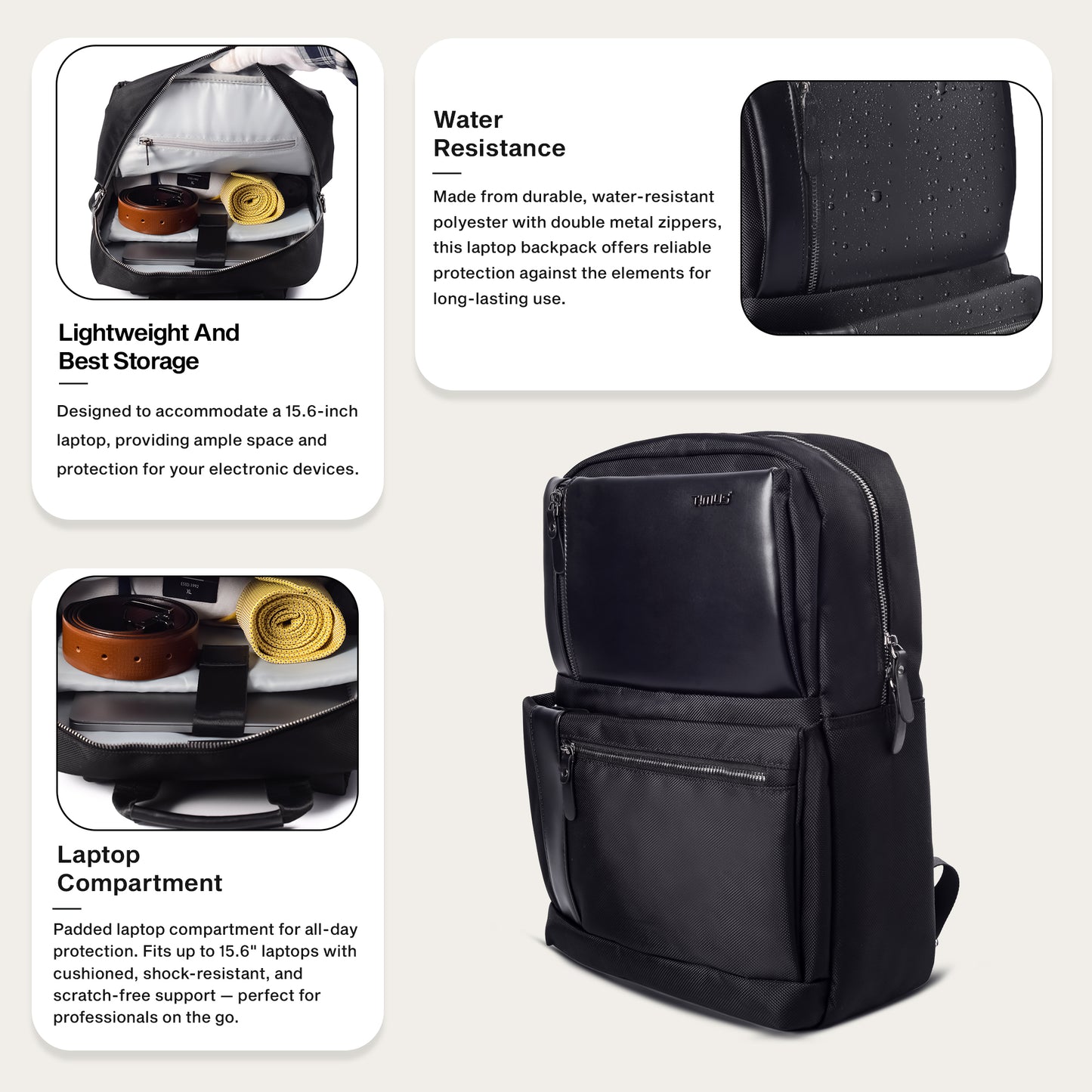 Graphic showing lightweight, flexible, and water-resistant features of the Timus Oslo black backpack.