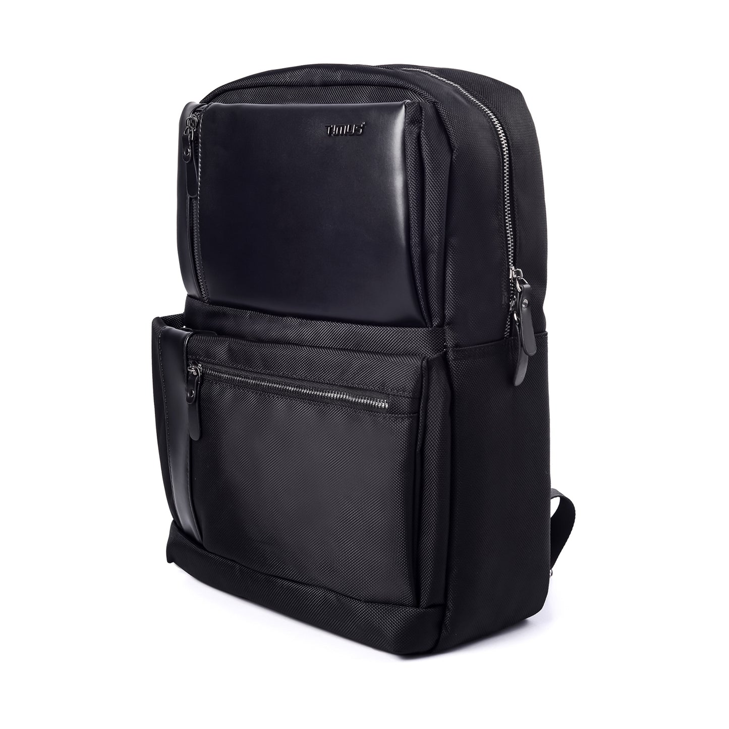 Front view of Timus Oslo black laptop backpack showcasing its premium business design and structured silhouette.