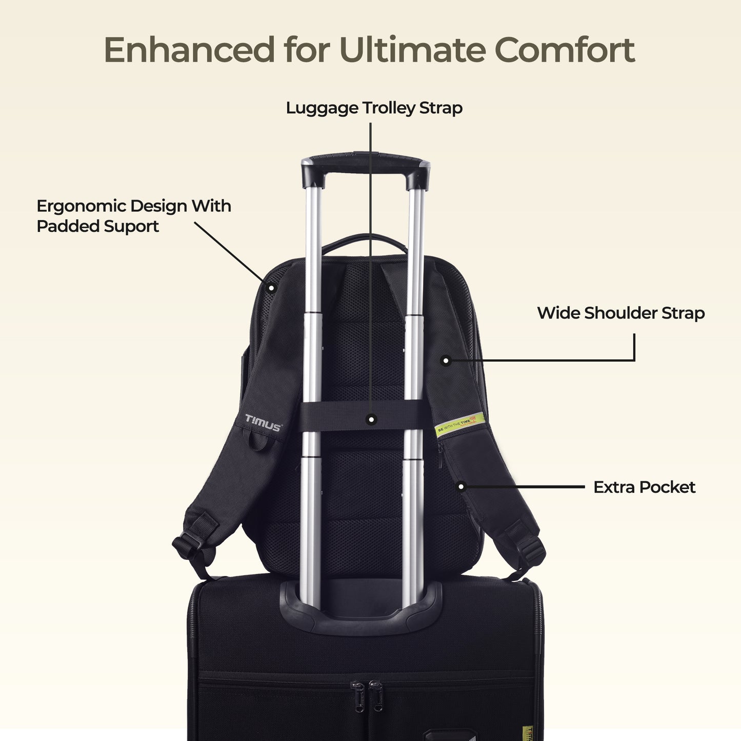 Back view of Timus Paris laptop backpack in black showing padded shoulder straps and hidden pocket.