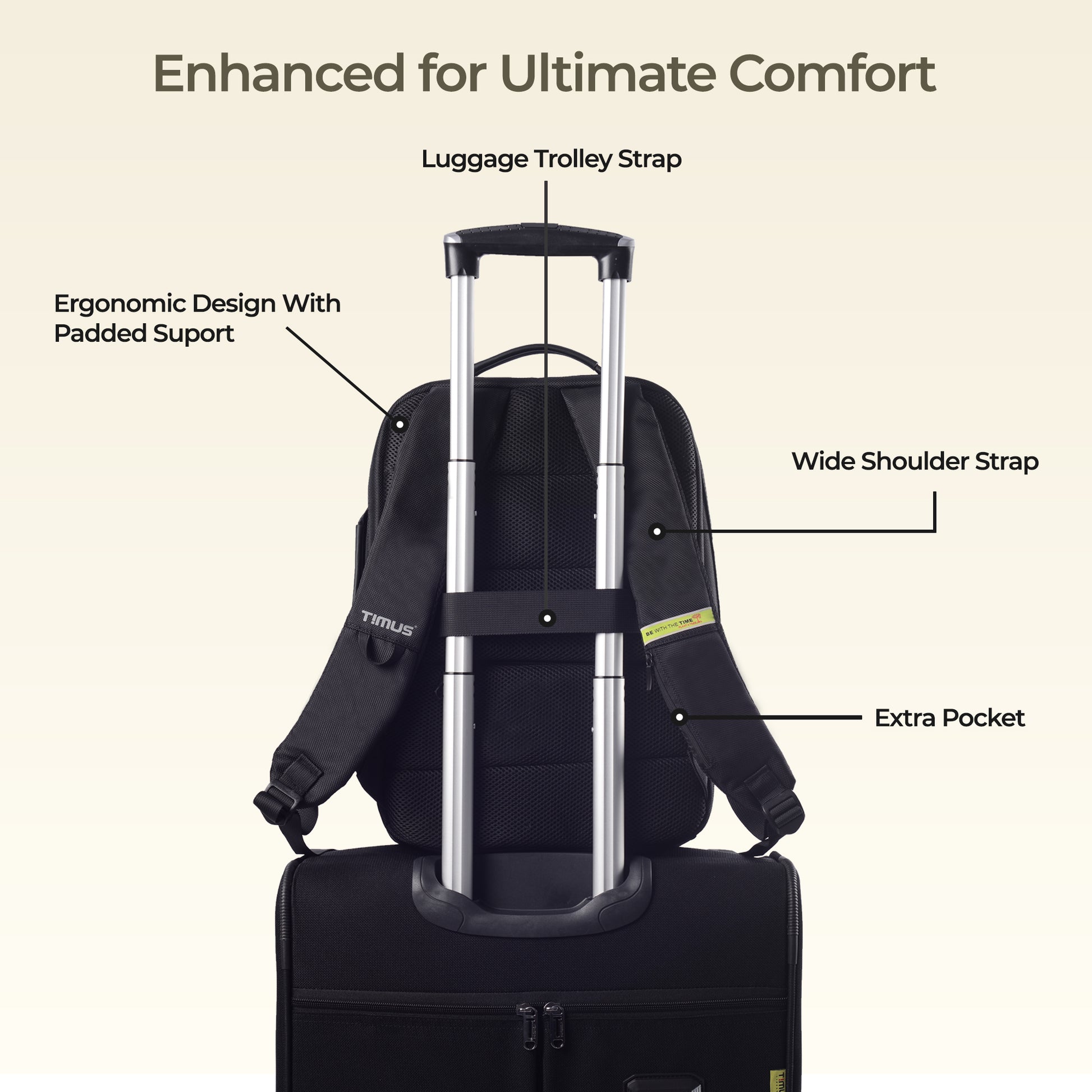 Back view of Timus Paris laptop backpack in black showing padded shoulder straps and hidden pocket.