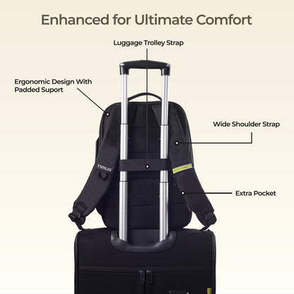 Back view of Timus Paris laptop backpack in black showing padded shoulder straps and hidden pocket.