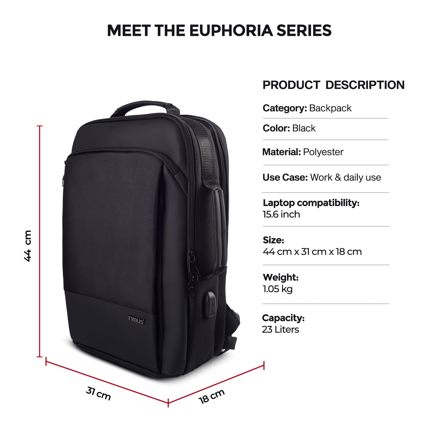 Dimension view of Timus Paris laptop backpack in black displaying height, width, and depth measurements.