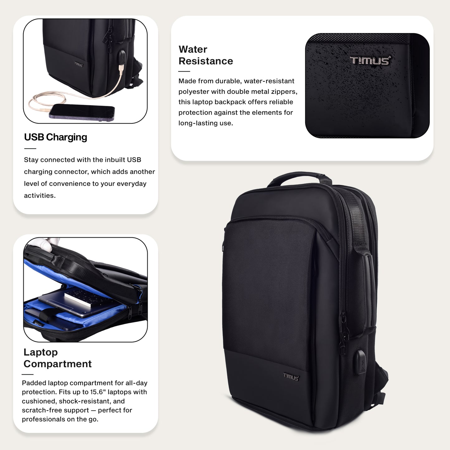 Graphic showing lightweight, water-resistant, and flexible features of the Timus Paris black laptop backpack.