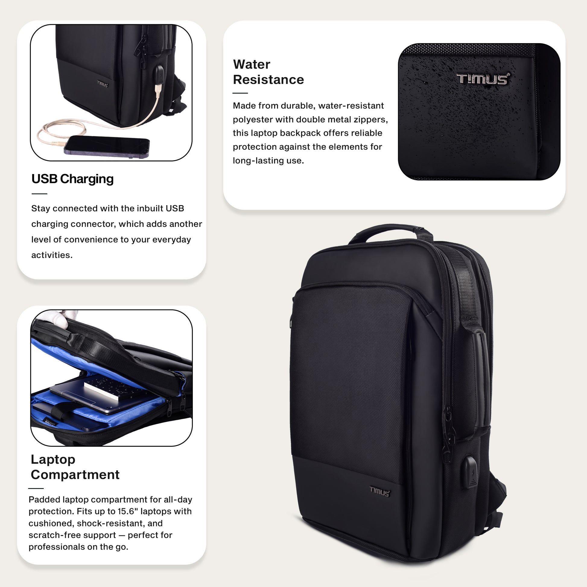 Graphic showing lightweight, water-resistant, and flexible features of the Timus Paris black laptop backpack.
