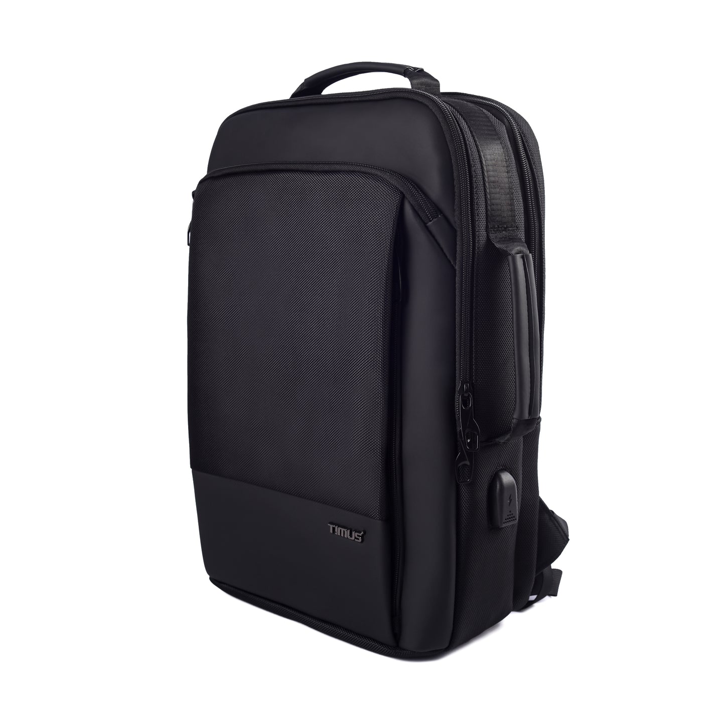 Paris laptop backpack in black showing its sleek front design with Timus logo and premium finish.
