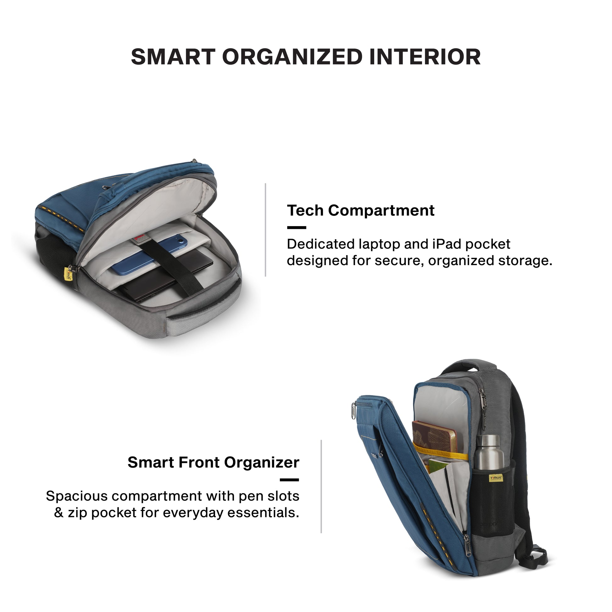 Timus Port organized laptop backpack interior – padded laptop sleeve with cable organizer pockets