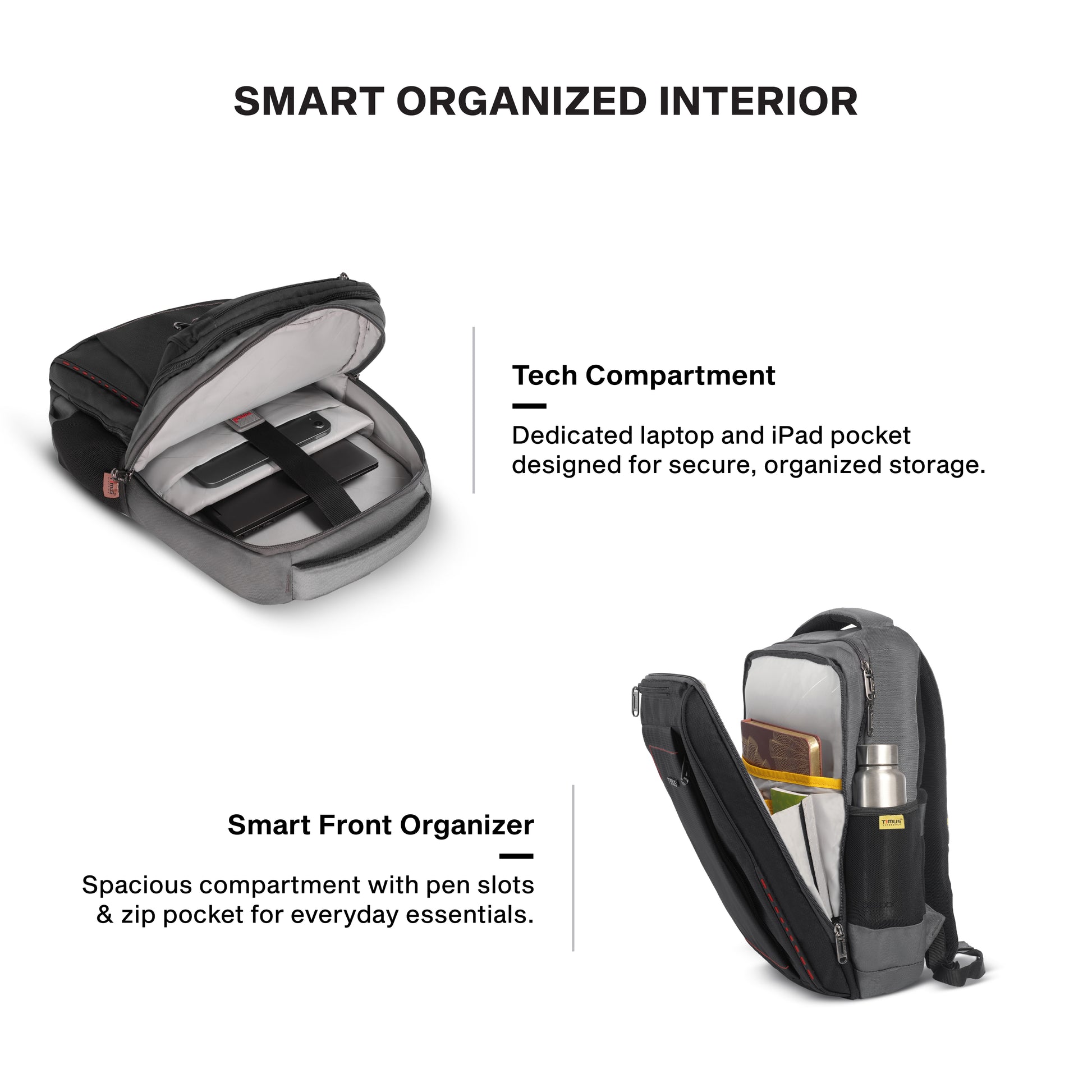 Timus Port organized laptop backpack interior – padded laptop sleeve with cable organizer pockets