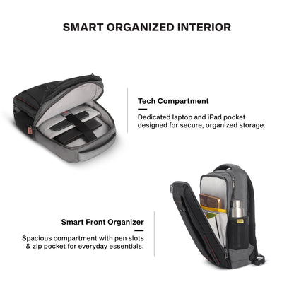 Timus Port organized laptop backpack interior – padded laptop sleeve with cable organizer pockets