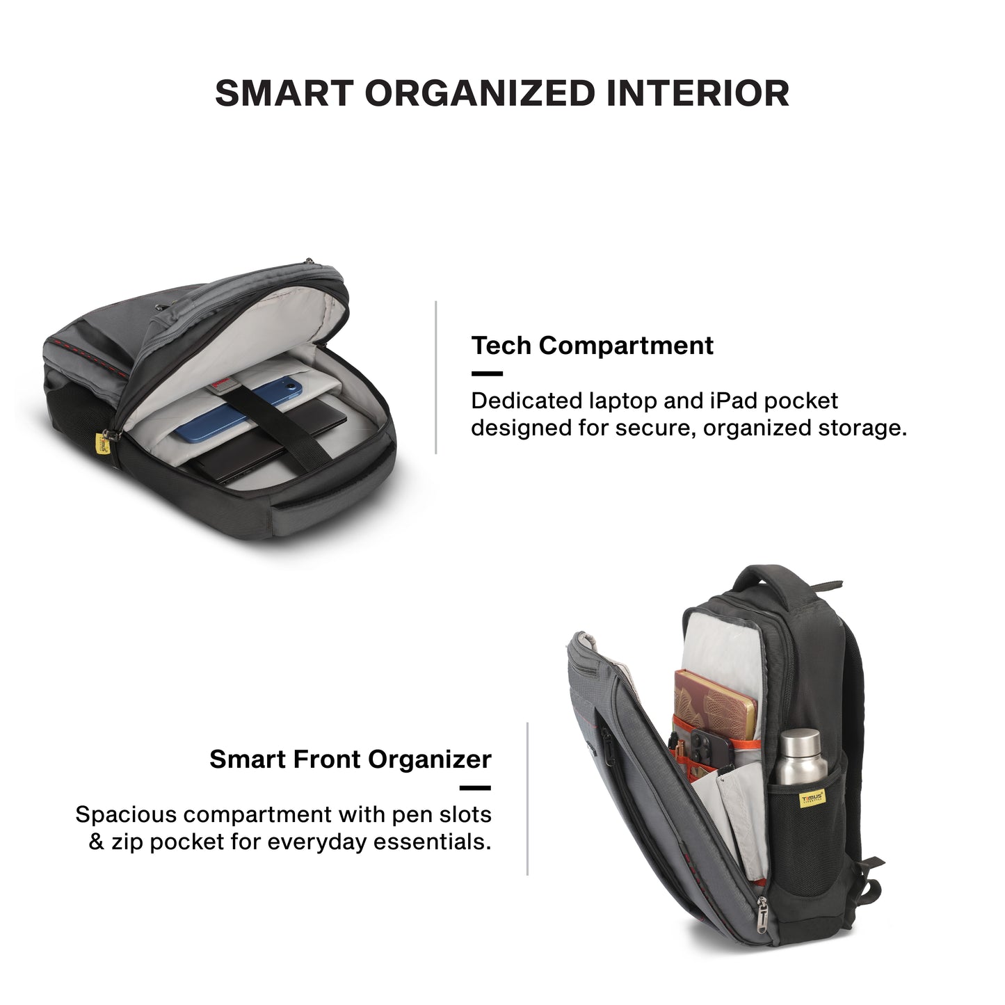 Timus Port organized laptop backpack interior – padded laptop sleeve with cable organizer pockets