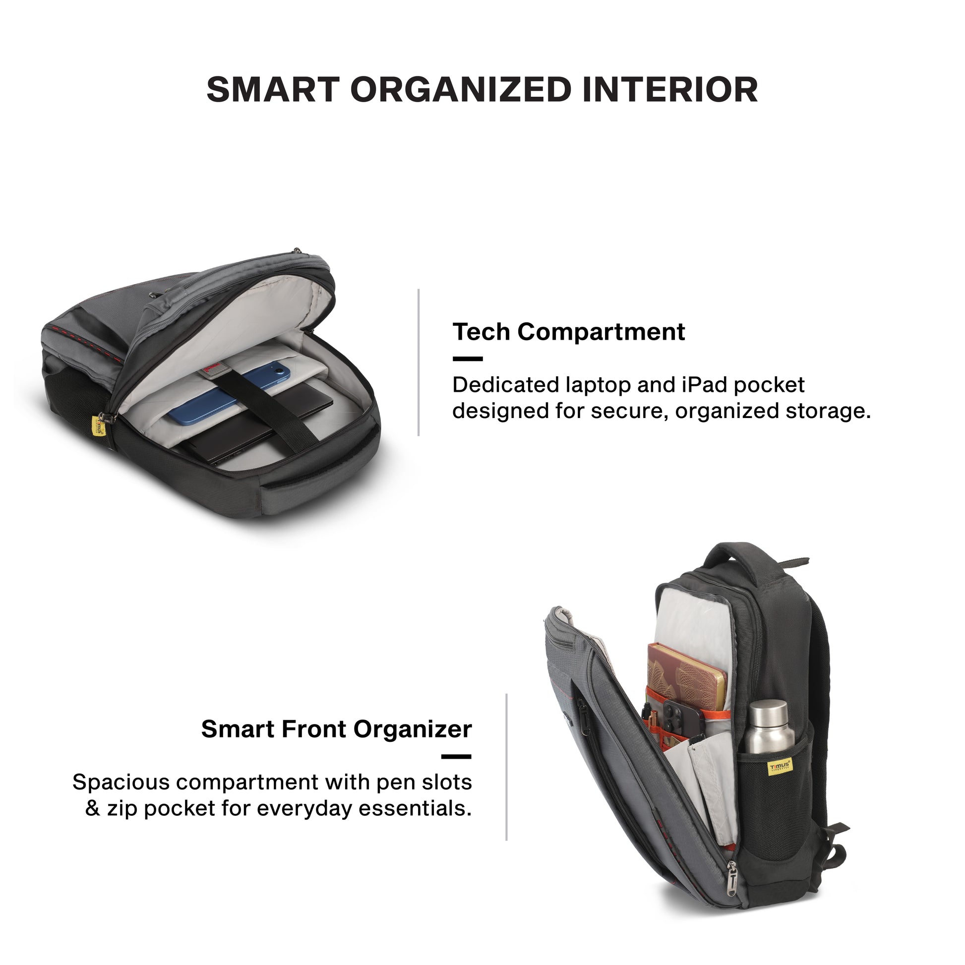 Timus Port organized laptop backpack interior – padded laptop sleeve with cable organizer pockets
