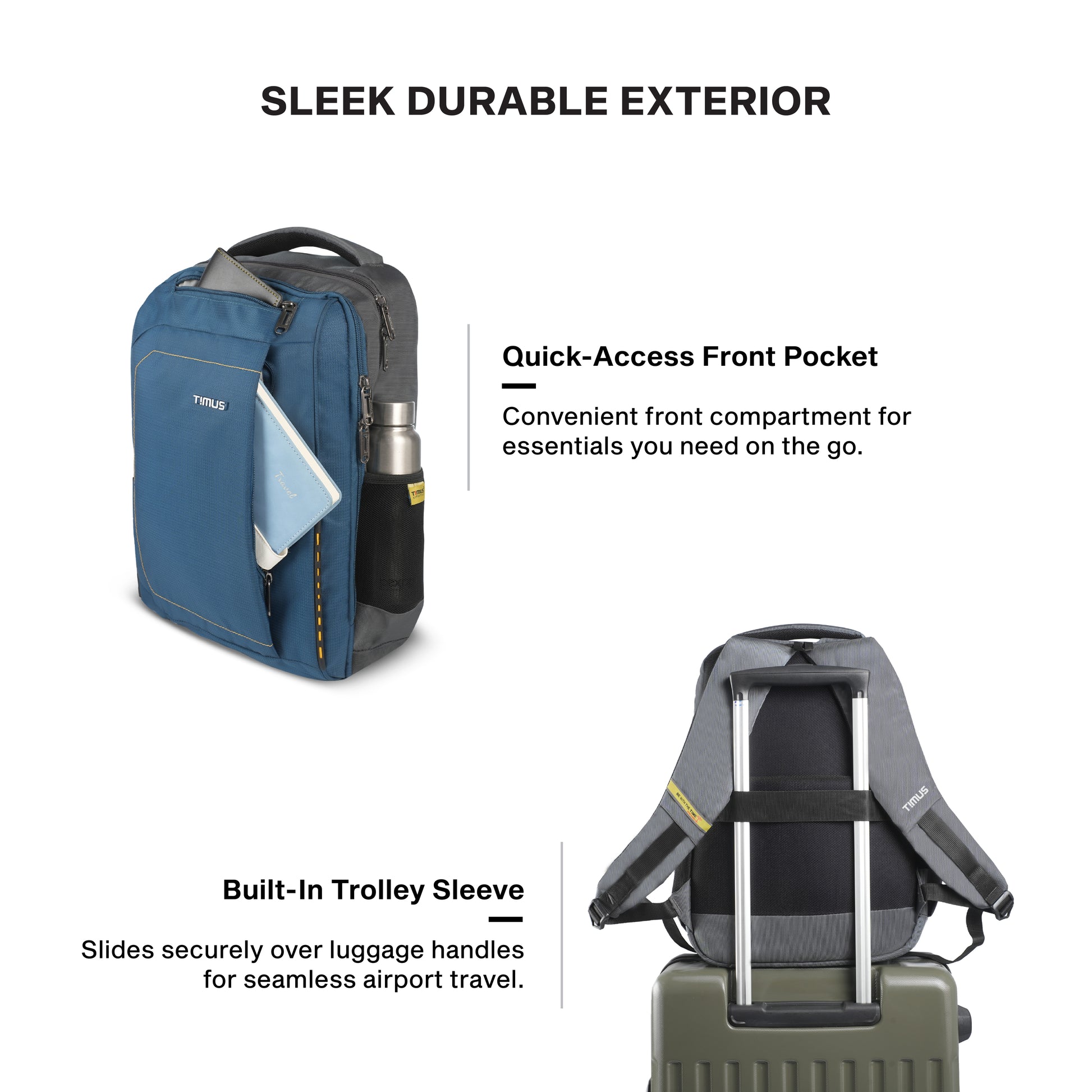 Timus Port water resistant office backpack features – trolley sleeve and ergonomic shoulder straps