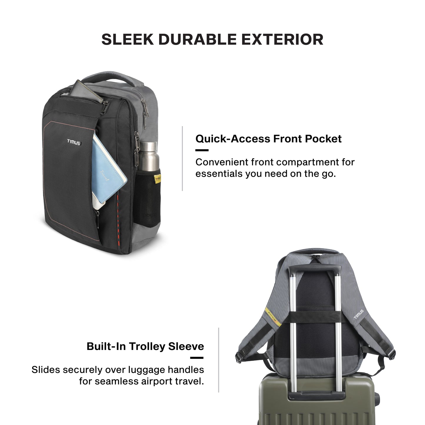 Timus Port water resistant office backpack features – trolley sleeve and ergonomic shoulder straps