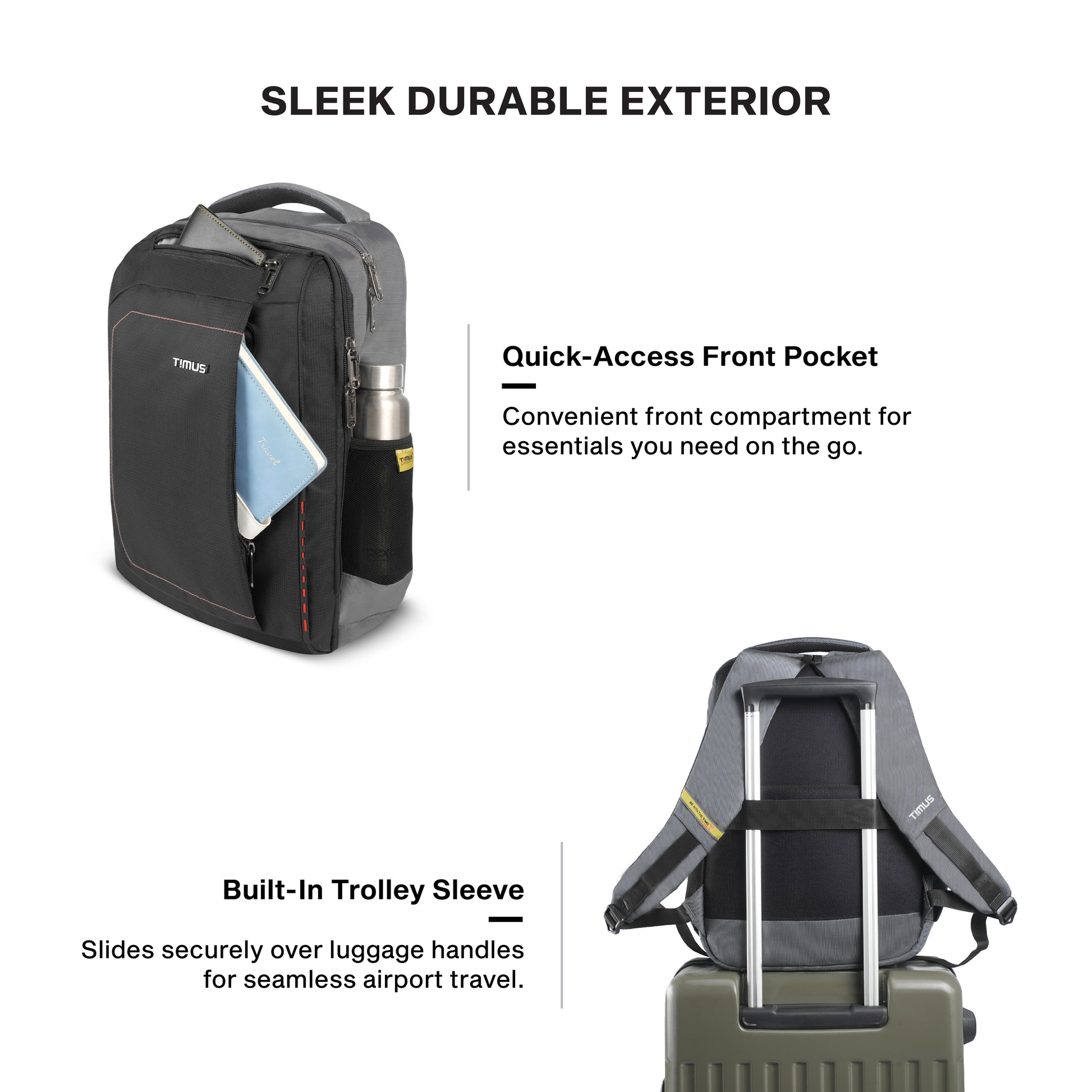 Timus Port water resistant office backpack features – trolley sleeve and ergonomic shoulder straps
