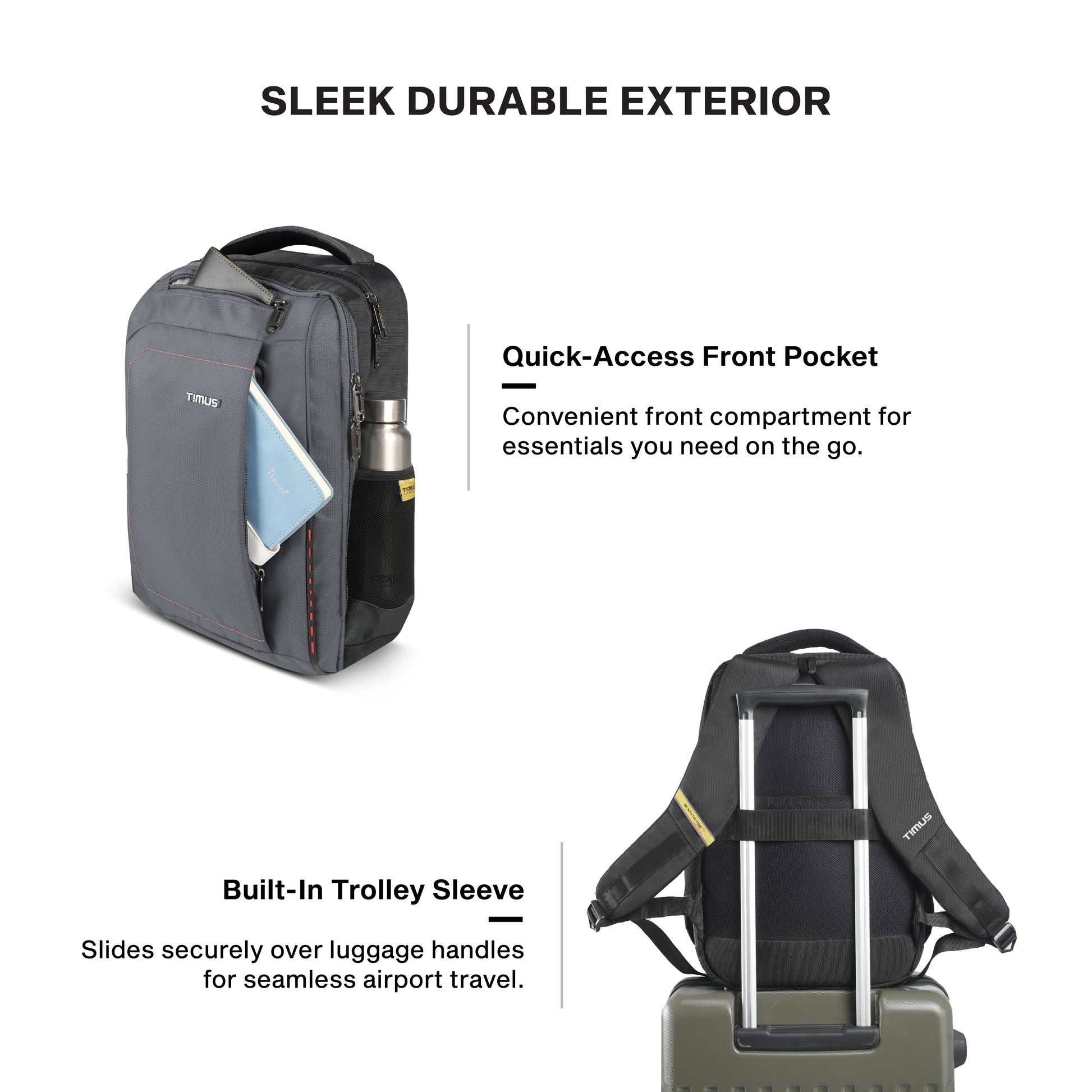 Timus Port water resistant office backpack features – trolley sleeve and ergonomic shoulder straps