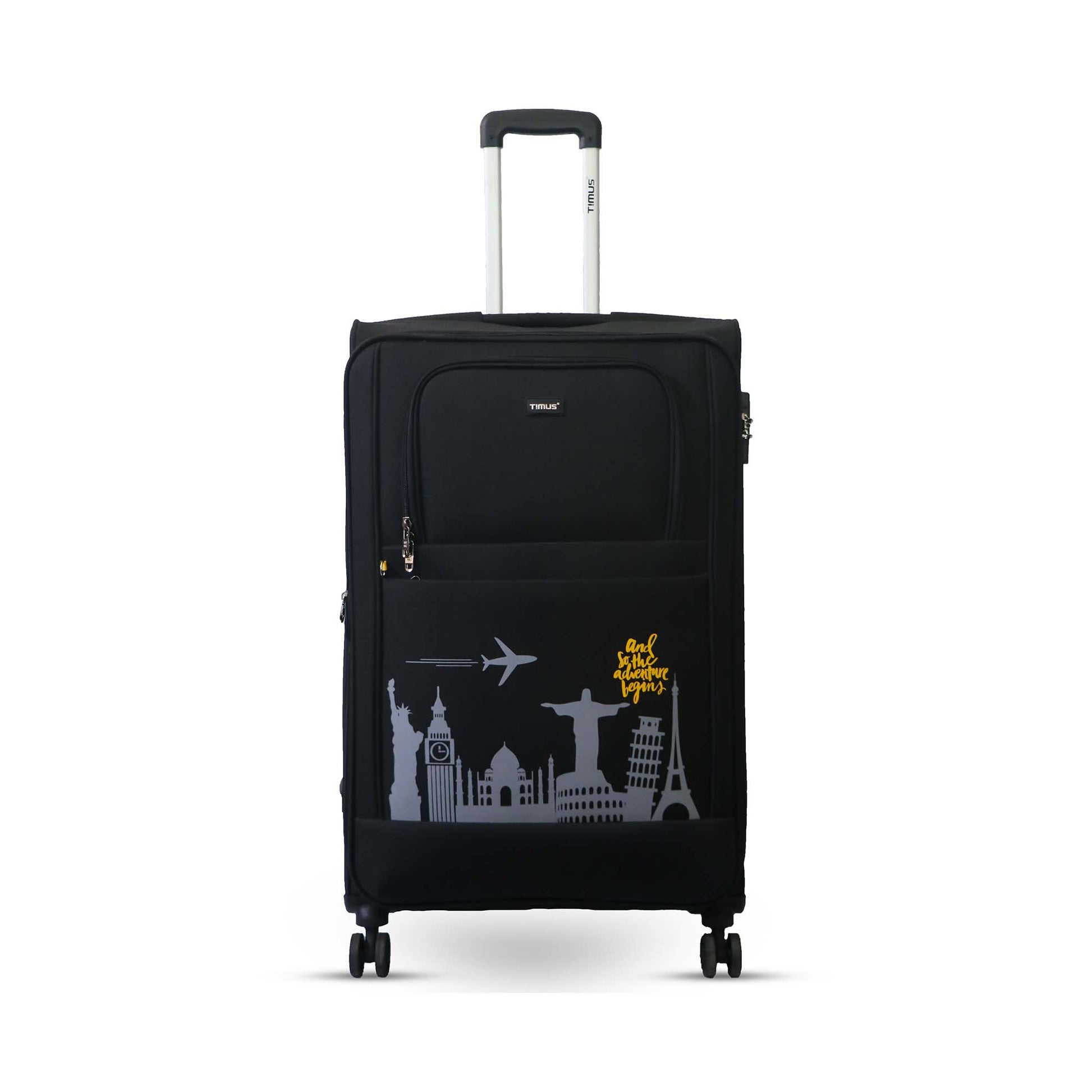 Front angled view of Timus Salsa  78m cm Plus black soft trolley luggage  featuring telescopic handle, dual spinner wheels, and durable fabric texture for everyday and business travel.