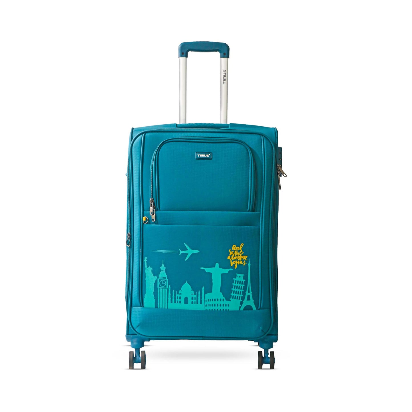 Front angled view of Timus Salsa  68 cm Plus blue soft trolley luggage featuring telescopic handle, dual spinner wheels, and sleek travel design.