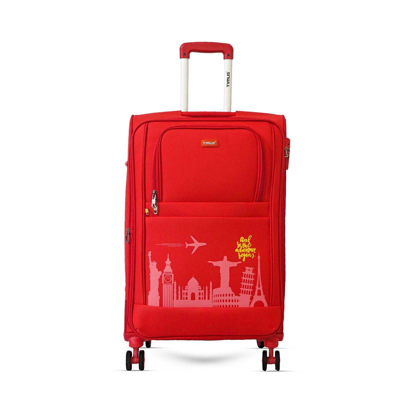 Front angled view of Timus Salsa Plus 68 cm red soft trolley luggage featuring aluminium handle, spinner wheels, and textured finish for premium travel.
