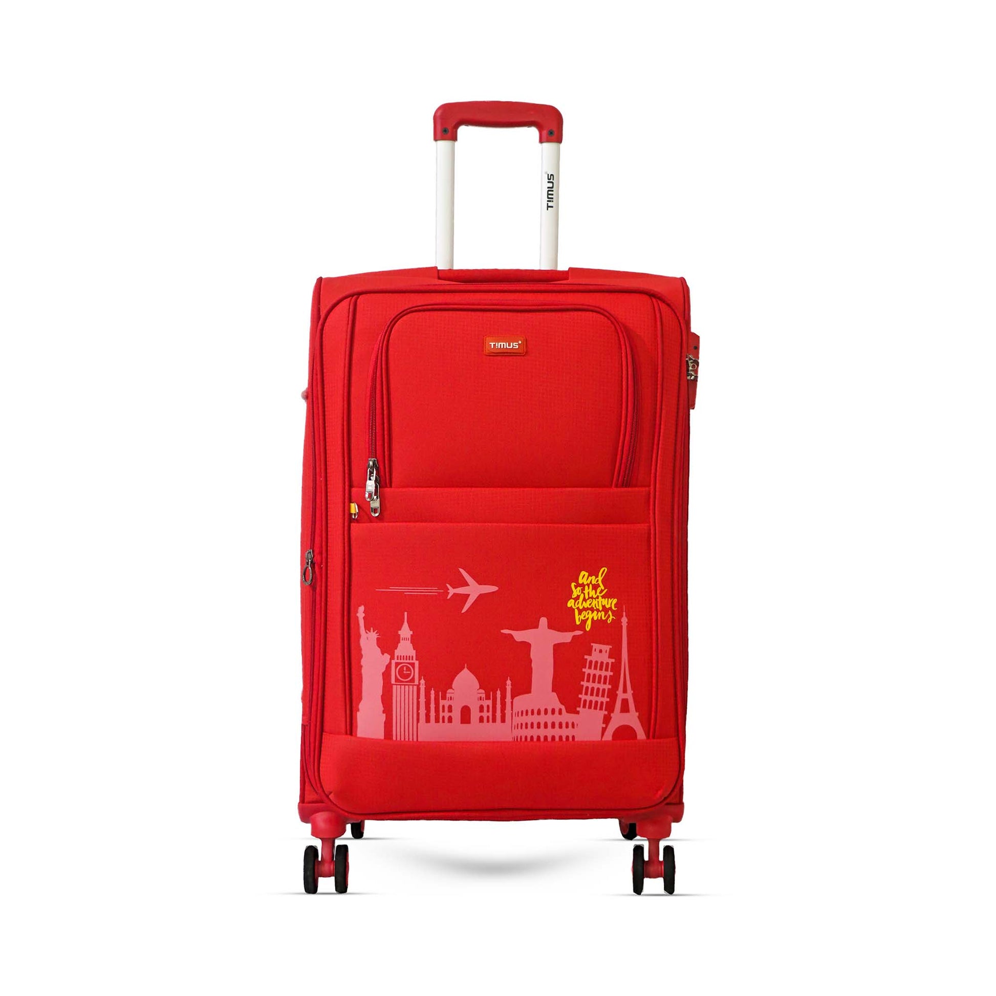 Front angled view of Timus Salsa Plus 68 cm red soft trolley luggage featuring aluminium handle, spinner wheels, and textured finish for premium travel.