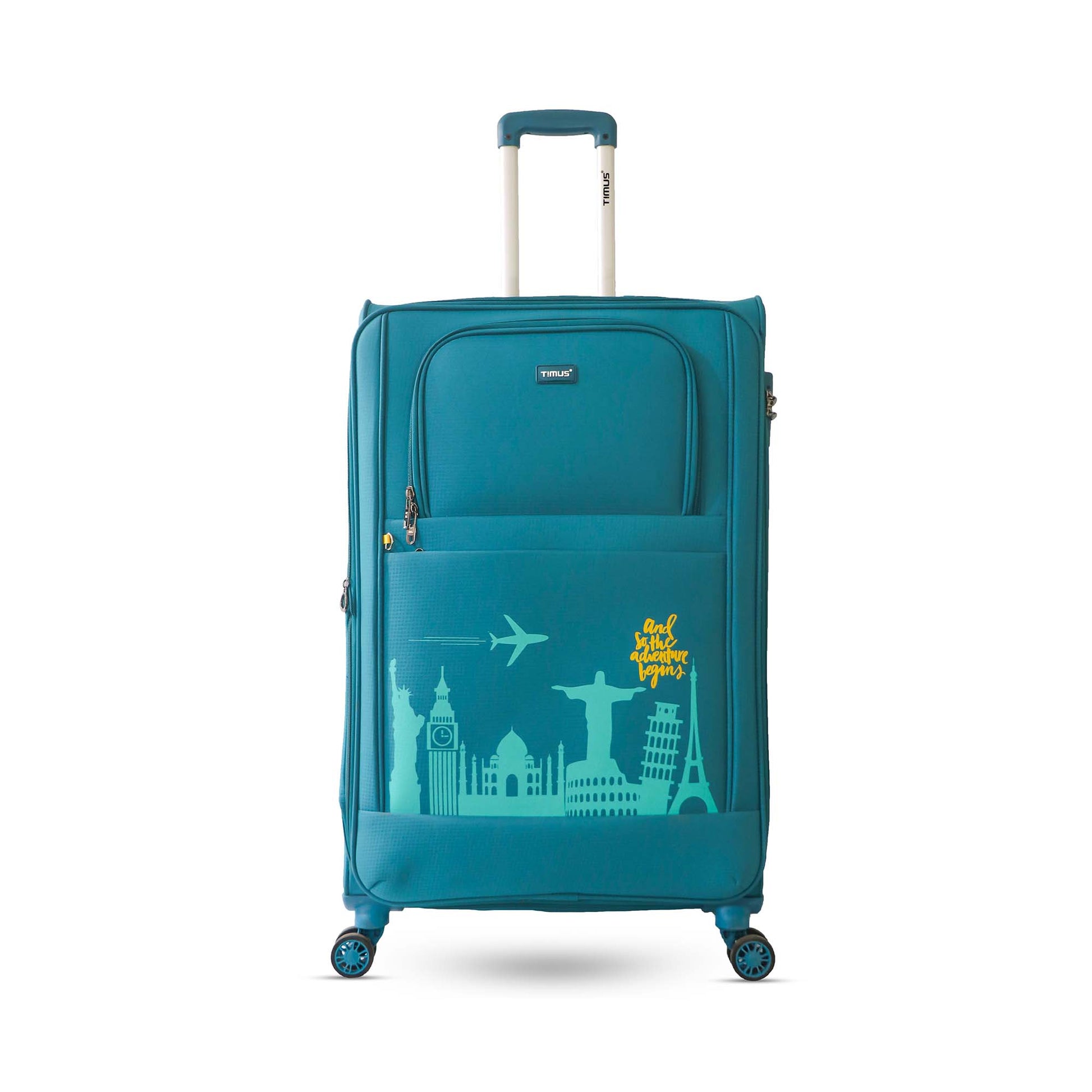 Front angled view of Timus Salsa 78 cm  Plus blue soft trolley luggage featuring telescopic handle, dual spinner wheels, and sleek travel design.