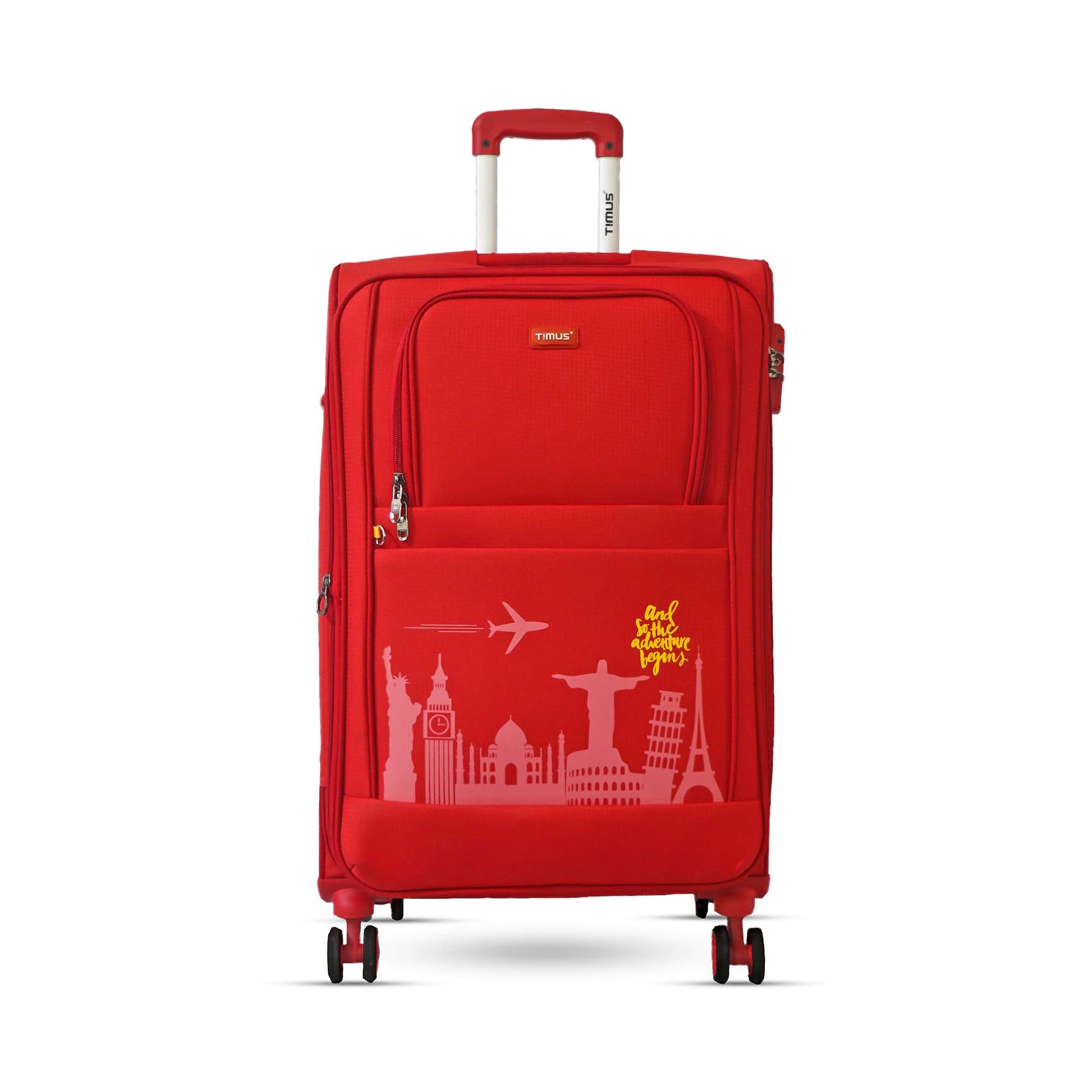 Front angled view of Timus Salsa Plus 78 cm red soft trolley luggage featuring aluminium handle, spinner wheels, and textured finish for premium travel. 