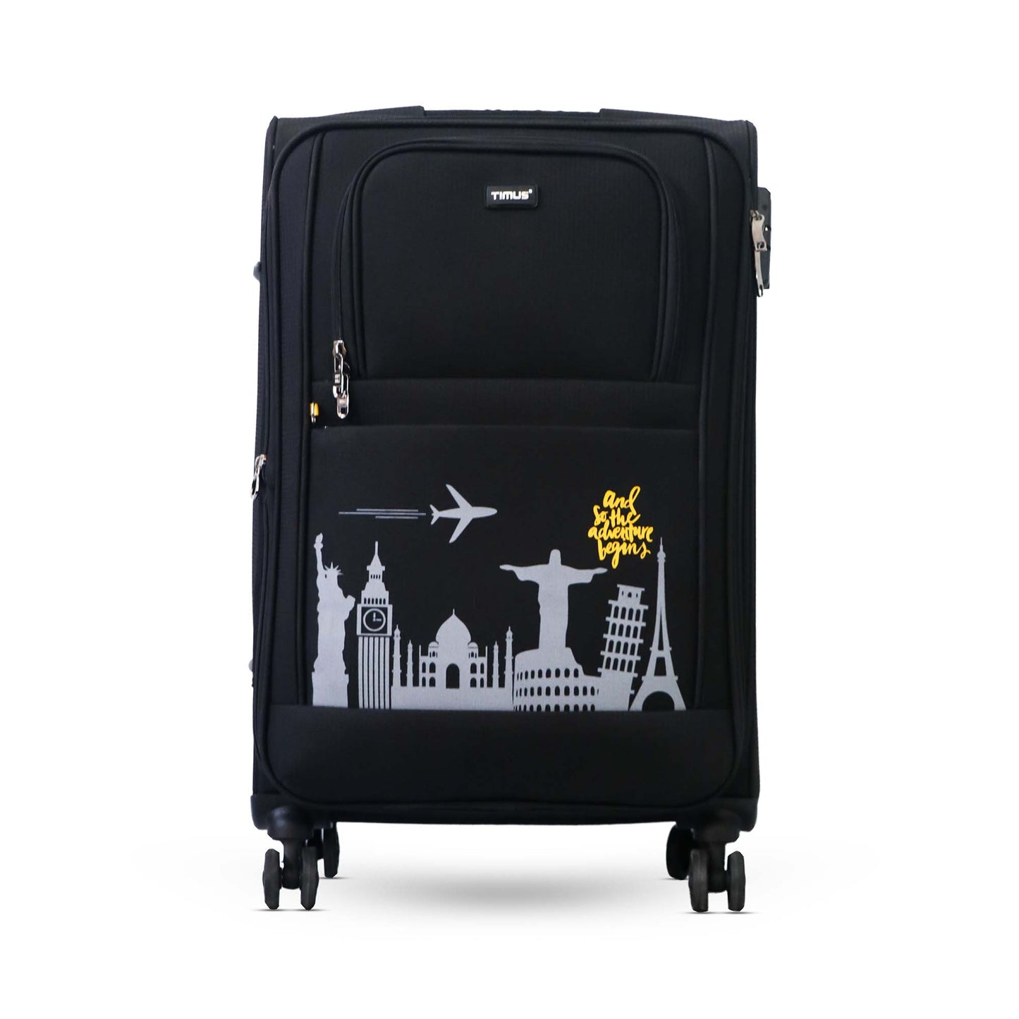 Front angled view of Timus Salsa Plus black 68cm soft luggage featuring 360° spinner wheels, telescopic handle, and expandable body for flexible travel.