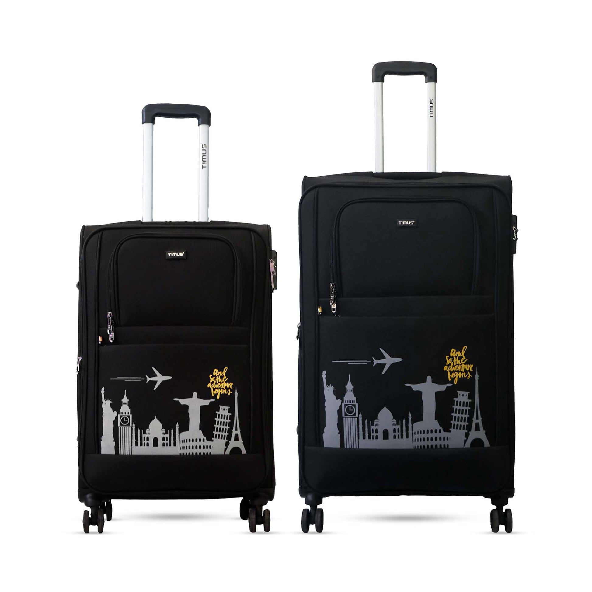 Front angled view of Timus Salsa Plus black 68 cm and 78 cm soft luggage set featuring push-button handles, spinner wheels, and travel-ready build.