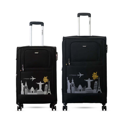 Front angled view of Timus Salsa Plus black 68 cm and 78 cm soft luggage set featuring push-button handles, spinner wheels, and travel-ready build.