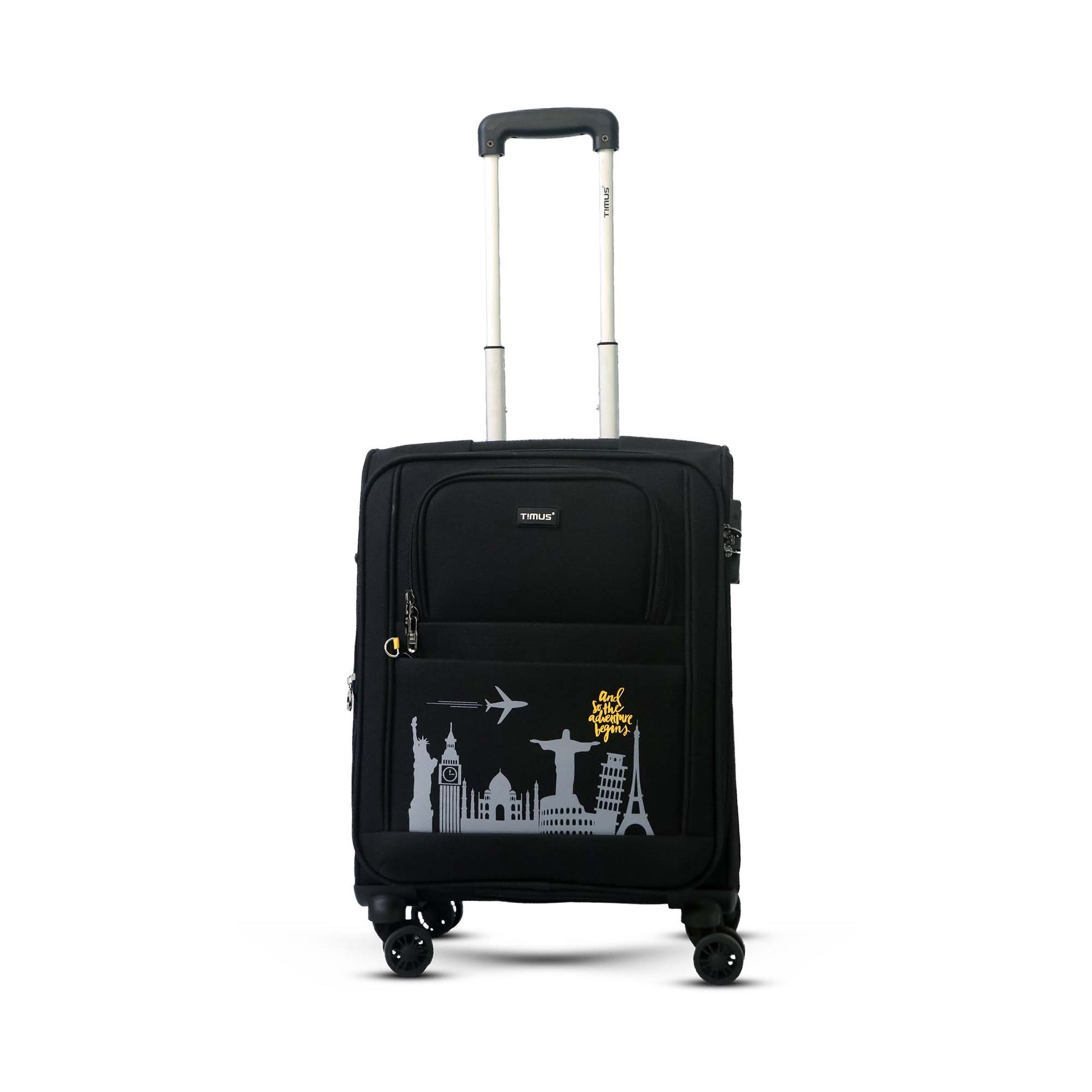 Front angled view of Timus Salsa Plus black soft trolley luggage featuring telescopic handle, dual spinner wheels, and durable fabric texture for everyday and business travel.